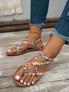 New Bohemian Style Women's Casual Braided Sandals, Colorful Woven Strap Cross Design, Stable Fit, Non-Slip Sole, All Seasons, Textile Upper, Rubber Sole