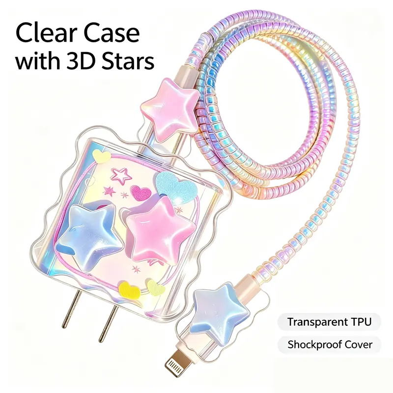 1 Pc Cute 3D Glitter Star Charger Protector Set, Star Charger Case & Cord Protector，Spiral Cable Sleeve Compatible , Fits for Apple Original 18W & 20W Charger Block, Charger Block and Charging Cable NOT Included，Y2K Aesthetic Charger Cover