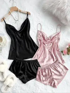 Four-Piece Set Women's Solid Draped Pyjama Set, Casual Spaghetti Strap Cami Top & Shorts, Comfy Loungewear Set for Women Lingerie