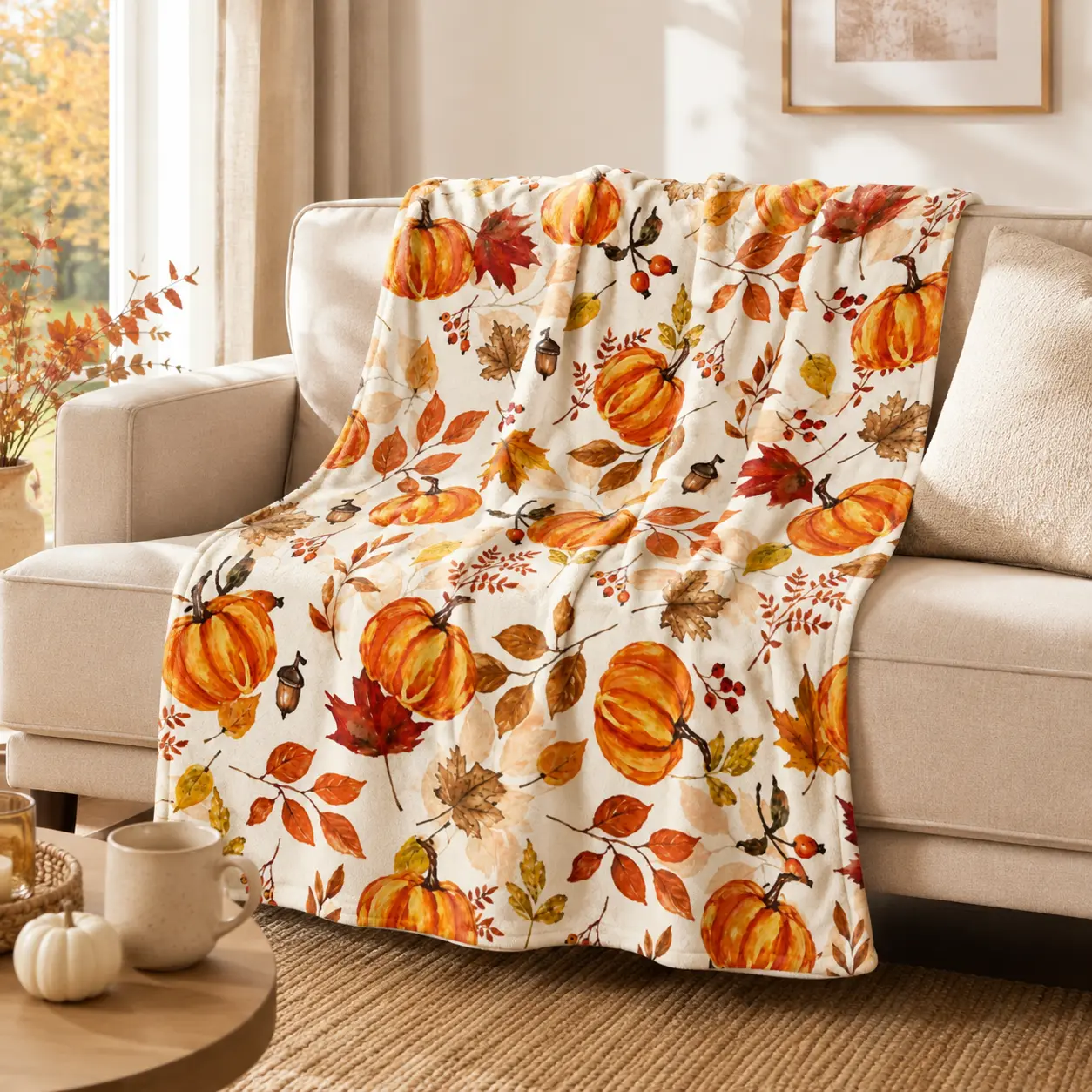Autumn Pumpkin Flannel Throw Blanket with Watercolor Orange Pumpkin, Maple Leaf and Berry Print, Soft Cozy Lightweight Fleece Blanket for Couch, Bed, Sofa and Travel, Rustic Fall Farmhouse Home Decor Gift for Women, Adults and Thanksgiving Lovers