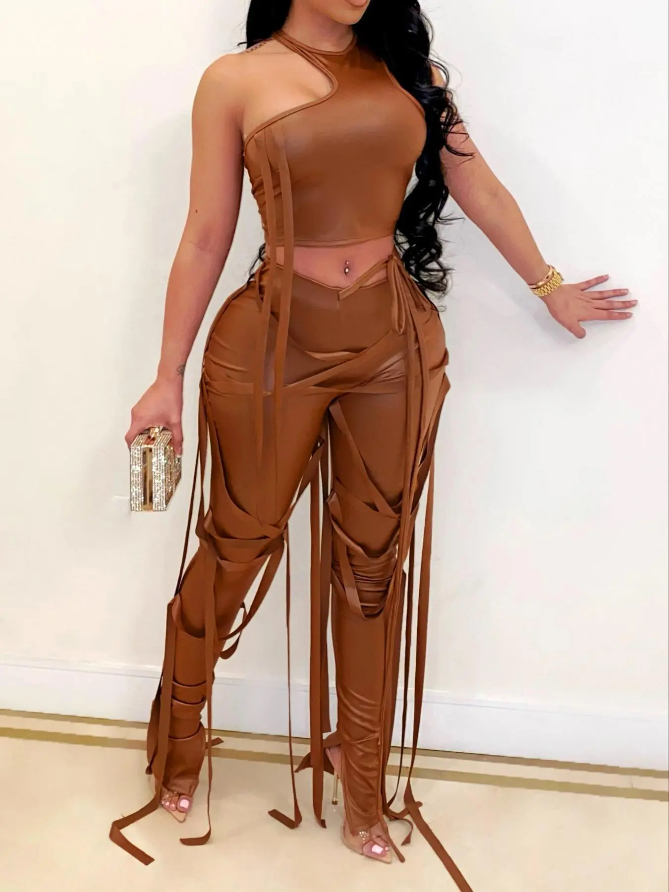 Women's Solid Fabric Lace Up Adjustable High Waist Pants Two-piece Set, Back To School Asymmetrical Neck Tie Back Fitted Crop Tank Top & Split Hem String Decor Trousers, Two Piece Set Womenswear, Hip Hop Style Clothing Set, Musical Festival for Christmas