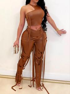 women's solid lace up pants two-piece set, back to school asymmetrical neck tie back crop tank top & split hem string decor trousers, two piece set women,  hip hop style clothing set, musical festival for christmas