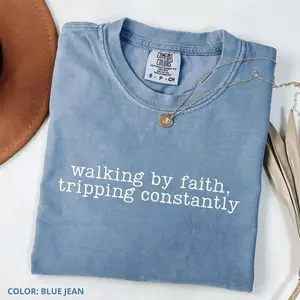 Comfort Colors Walking by Faith Tripping Constantly Christian Tee, Inspirational Jesus T-Shirt, Western Minimal Summer Vibes Graphic Tee - ShamCren