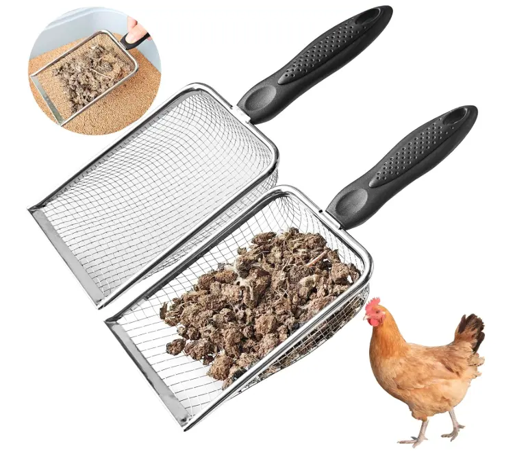 Chicken Poop Scooper for Coop,2 Pack Chicken Coop Poop Scoop Shovel with 3.8mm & 5mm Mesh, Metal Chicken Coop Rake and Scoop Tool,Scooper Shovel for Sifting Sand, Litter, Chicken Supplies