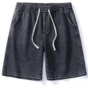 Men’s black washed denim shorts with elastic waist and drawstring, casual jorts