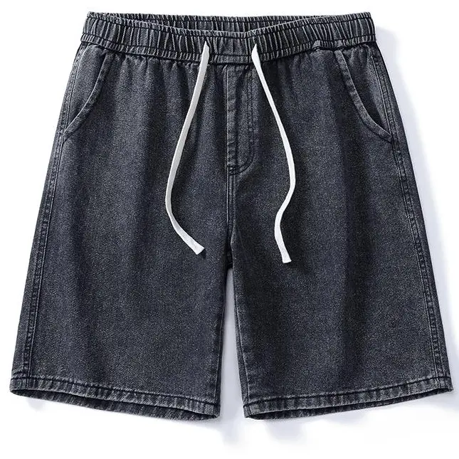Men’s black washed denim shorts with elastic waist and drawstring, casual jorts