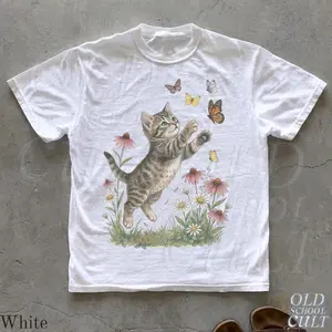 Vintage Cute Kitten Butterfly 90s Graphic Tshirt, Retro Comfort Colors Cottagecore Spring Flowers Unisex Shirt