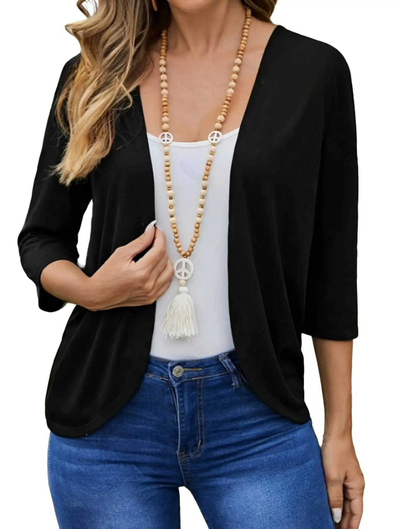 Elegant Women's Halter Neck Cardigan, Solid Color 7/8 Sleeve Outerwear, Casual Loose-Fit Spring & Fall Fashion, Trendy 2026 Style