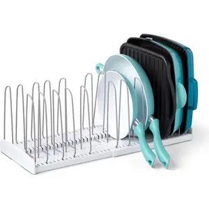 YouCopia StoreMore Expandable Cookware Rack, Adjustable Pan Organizer for Kitchen Cabinet Storage, White Plastic Steel