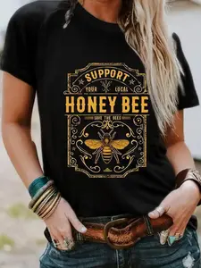 Women's Honey Bee Print Round Neck Graphic Tee, Vintage Trendy Casual Fitted Short Sleeve T-shirt for Daily Wear, Ladies Summer Top, Summer Clothes Women, Women’s wear Black Womenswear