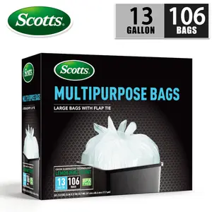 Scotts 13 Gal Sturdy Trash Bags - Quick-Tie Drawstrings, 106 Disposable Leak-Proof Non-Tear Puncture-Resistant Bags, Odor Control Technology, Fresh Lemon Scent, Multipurpose Home Care Supplies, Quick-Tie Trash Bags