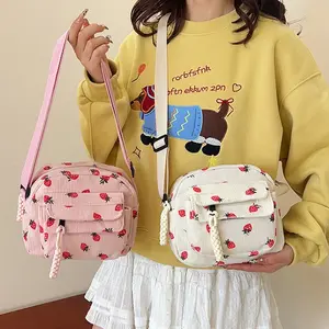 Small Cute Corduroy Crossbody Bag Mini Shoulder Bag Handbags Purse with Zipper Pocket Strawberry Kawaii Purse Bag