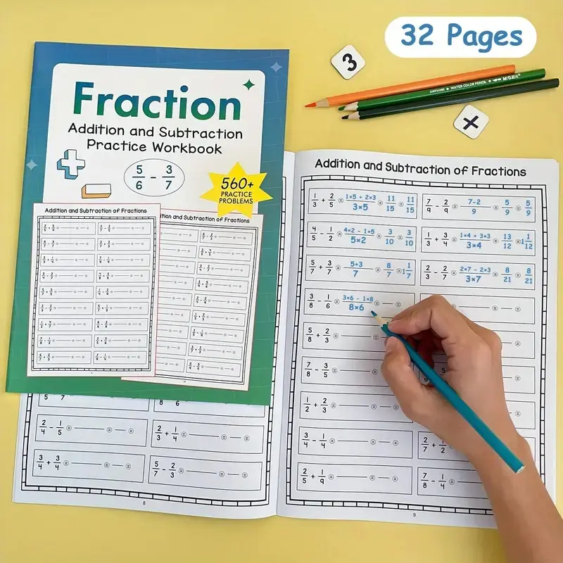 Fraction Addition and Subtraction Practice Book, 32 Pages, Colorful Math Workbook for Elementary Students, School Supplies, Includes Multiplication and Division, Learning Materials