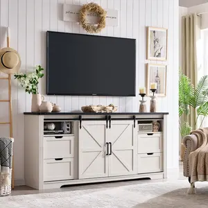 Farmhouse TV Stand for 75+ Inch TV, 32" Tall Entertainment Center w/4 Drawers & Sliding Barn Door, Rustic Media Console w/Storage Shelves, 66" Wood Television Stand for Living Room, Off White