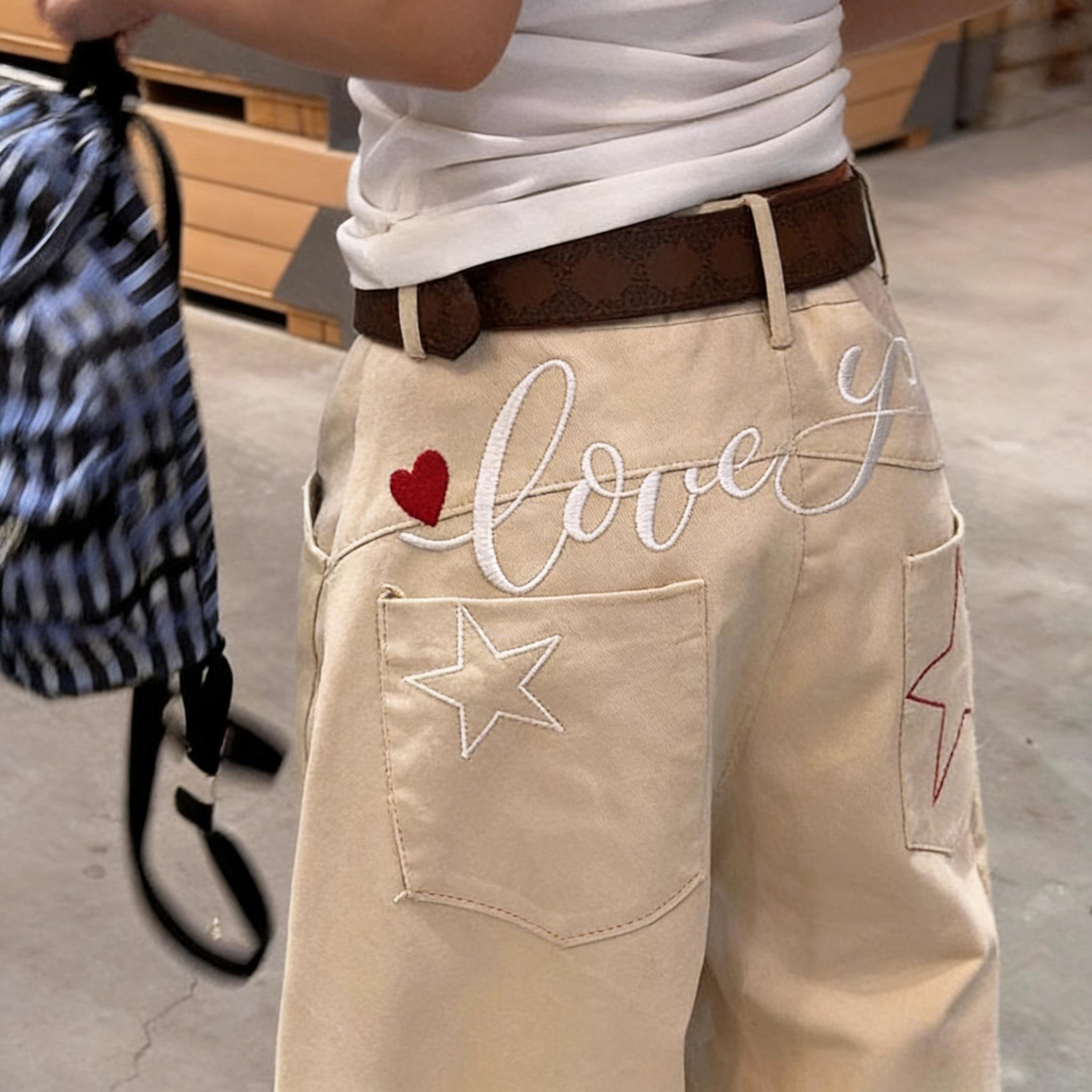 Beige Y2K Wide Leg Baggy Pants, Love You Embroidered Star Patch Cargo Trousers, Vintage High Waisted Casual Streetwear, Oversized Loose Fit Denim Jeans for Women, 2000s Aesthetic Fashion