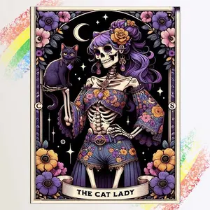 1pcs 5D DIY diamond painting kit, 5D diamond art set, DIY decoration, skull cat girl diamond painting kit full round drill DIY, mosaic, diamond art, DIY art home decoration, Wall Art Painting, suitable for Halloween and Christmas.