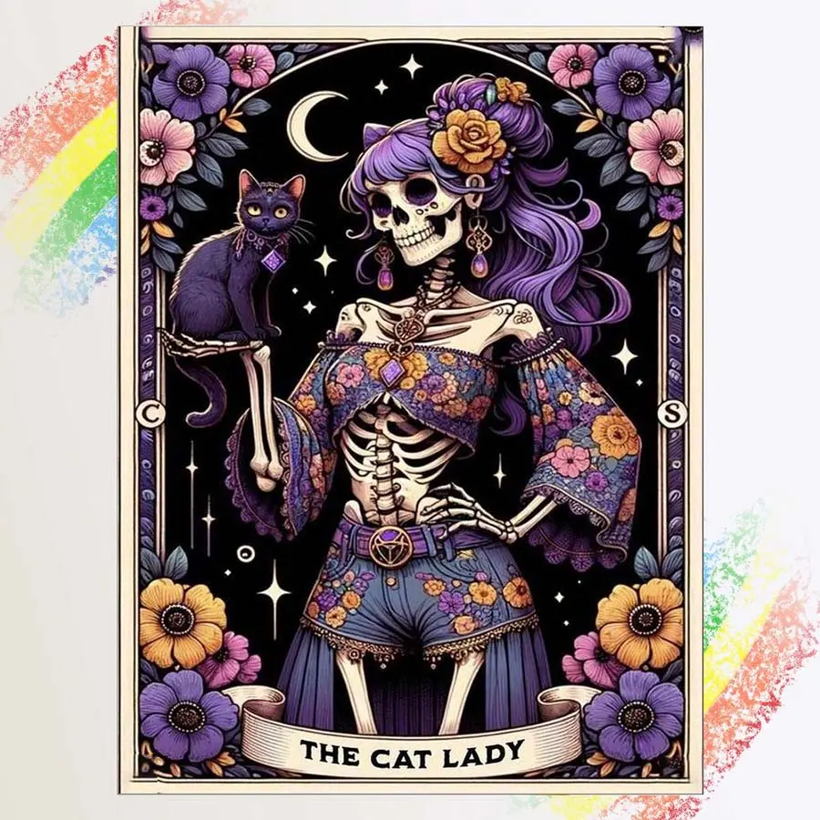 1pcs 5D DIY diamond painting kit, 5D diamond art set, DIY decoration, skull cat girl diamond painting kit full round drill DIY, mosaic, diamond art, DIY art home decoration, Wall Art Painting, suitable for Halloween and Christmas.