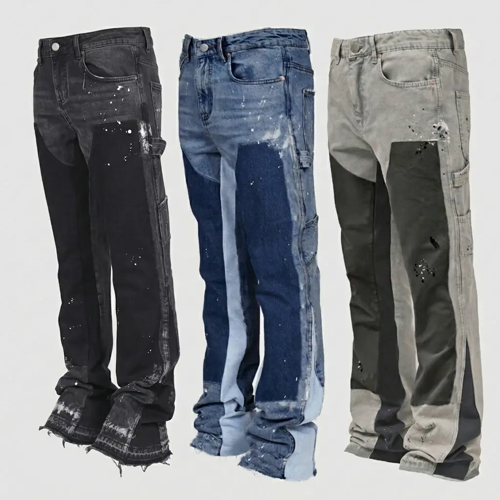 Men's 2026 Stretchy Plain Patchwork Denim Cargo Jeans - Low Rise, Raw Hem, Loose Flared Below the Knee, Baggy Style, Breathable, Pocket-Equipped, Streetwear Ready, All Seasons Layered Look, Ideal for Everyday Wear & Holiday, Combines Denim and Utility
