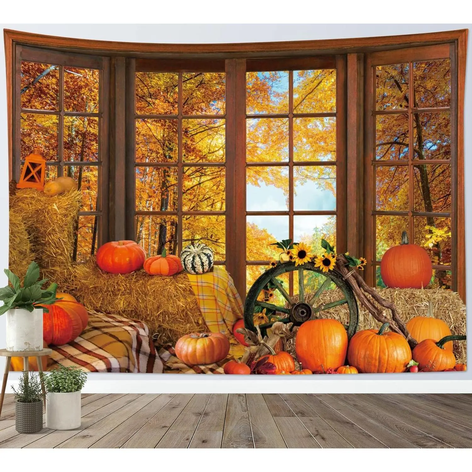 Fall Forest Tapestry Thanksgiving Pumpkins Sunflower Maple Leaves Autumn Tapestry Wall Hanging for Bedroom Fall Tree Nature Scenery Aesthetic Tapestries Living Room Dorm College 60X40Inches