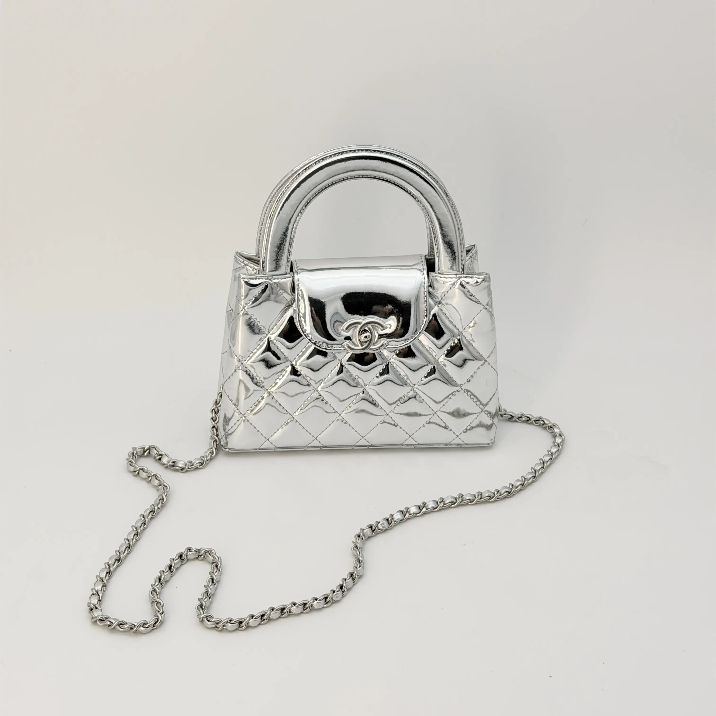 Pre-owned CHANEL calfskin Crossbody Bags Mirror Metallic Quilted Nano Kelly