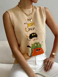 Women's Sweet Casual Colorful Cat Animal Print Stand Collar Sweater, Sleeveless Knit Vest Tops, Comfortable Breathable Spring Fall Top