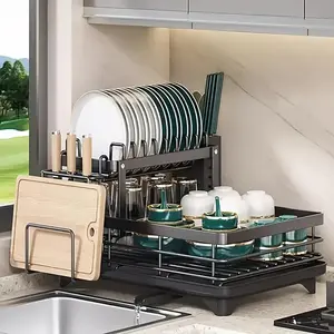 Two-tier large metal and carbon steel dish rack for kitchen countertops, space-saving and durable. Features slots for knives, forks and cup holders with a draining board. Rust-resistant large two-tier metal dish rack to keep your kitchen neat