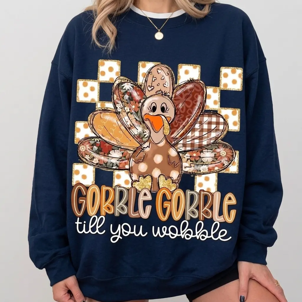 Gobble Gobble Till You Wobble Turkey Sweatshirt for Women, Cute Thanksgiving Graphic Crewneck, Fall Floral Turkey Shirt, Friendsgiving Holiday Outfit Green