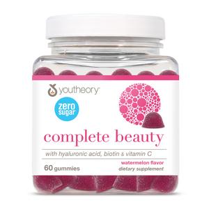Youtheory Complete Beauty Zero Sugar Gummies, Watermelon Flavor, Featuring hyaluronic Acid, biotin & Vitamin C, 60 Vegetarian Gummies