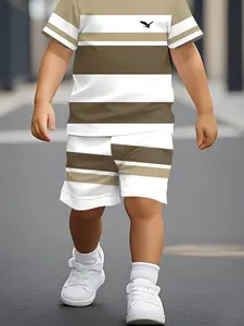 Boys Summer Trendy Athletic Short Sleeve Set, Geometric Pattern Print, Casual Lightweight Comfort, Perfect for Outdoor Sports, Ideal Gift