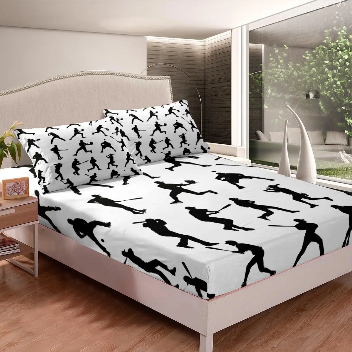 Feelyou Baseball Themed Bedding Set - Twin/Full Size Microfiber Fitted Sheet, Breathable Decorative Bedsheet Set, Black White Sports Design for Baseball Players, Bedroom Decor Gift, Breathable Sheets, Decorative Bedsheet Sets
