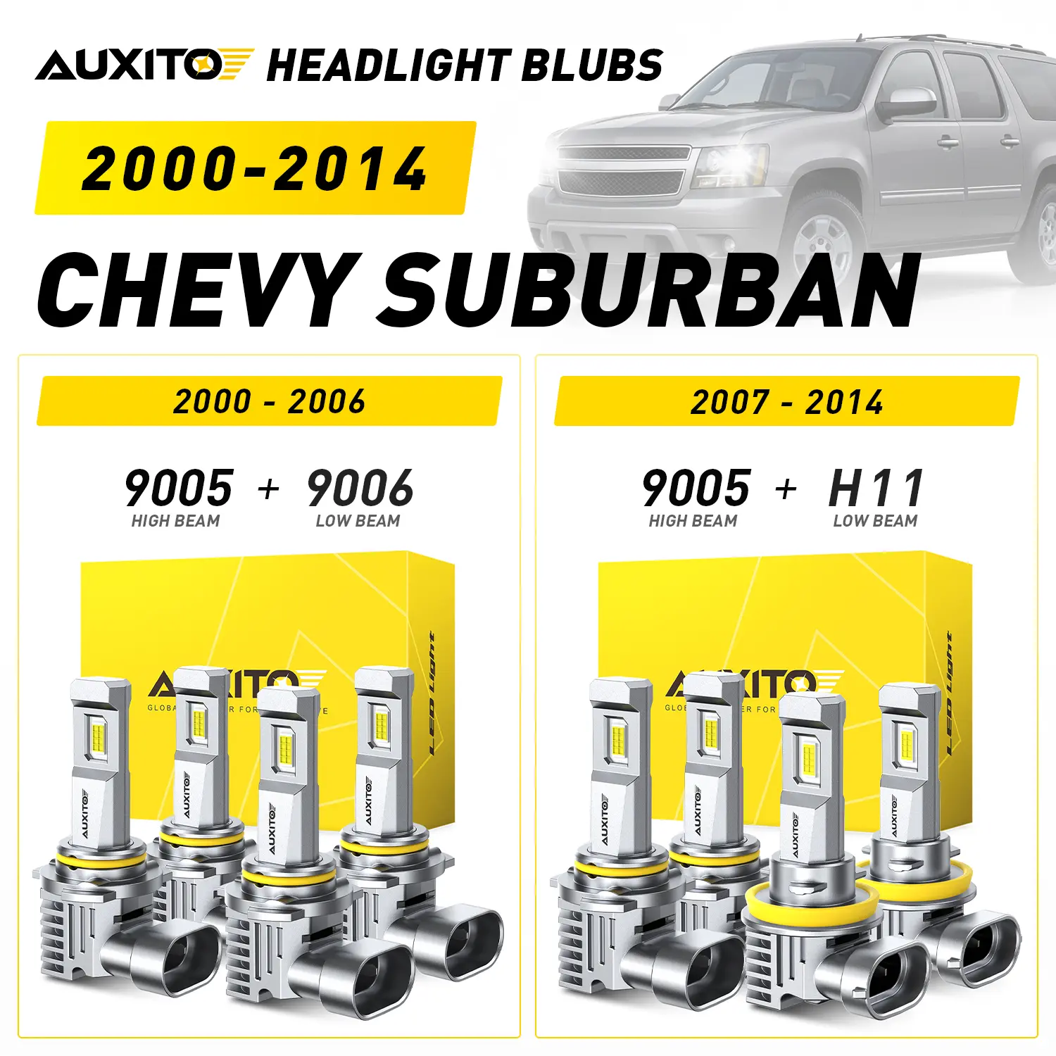 2000-2014 Chevy Suburban AUXITO LED Headlight Bulbs, 9005 High Beam & 9006 Low Beam (2000-2006), 9005 High Beam & H11 Low Beam (2007-2014), 30000LM 6500K Cool White, Anti-glare,CANBUS Ready,No error,No Flickering, Plug and Play