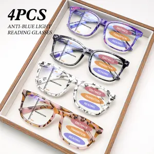 4 Pack Progressive Multifocal Reading Glasses for Women, Blue Light Blocking Oversized Square Frame Fashion Eyewear, Lightweight Spring Hinge Readers
