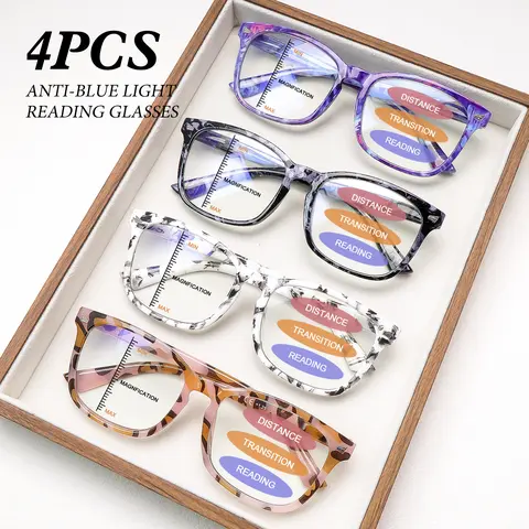 4 Pack Progressive Multifocal Reading Glasses for Women, Blue Light Blocking Oversized Square Frame Fashion Eyewear, Lightweight Spring Hinge Readers
