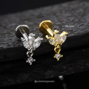 Oufer 16G THREADLESS Crown Dangle Earring/Gold/Silver Cartilage Stud/Push Pin Labret Stud/Nose/Tragus/Conch/Helix Piercing/Drop Earrings/Flat Bac