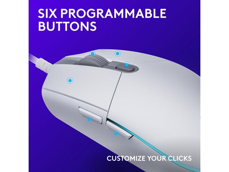Logitech G203 Wired Gaming Mouse, 8,000 DPI, Rainbow Optical Effect LIGHTSYNC RGB, 6 Programmable Buttons, On-Board Memory, Screen Mapping, PC/Mac Computer and Laptop Compatible - White