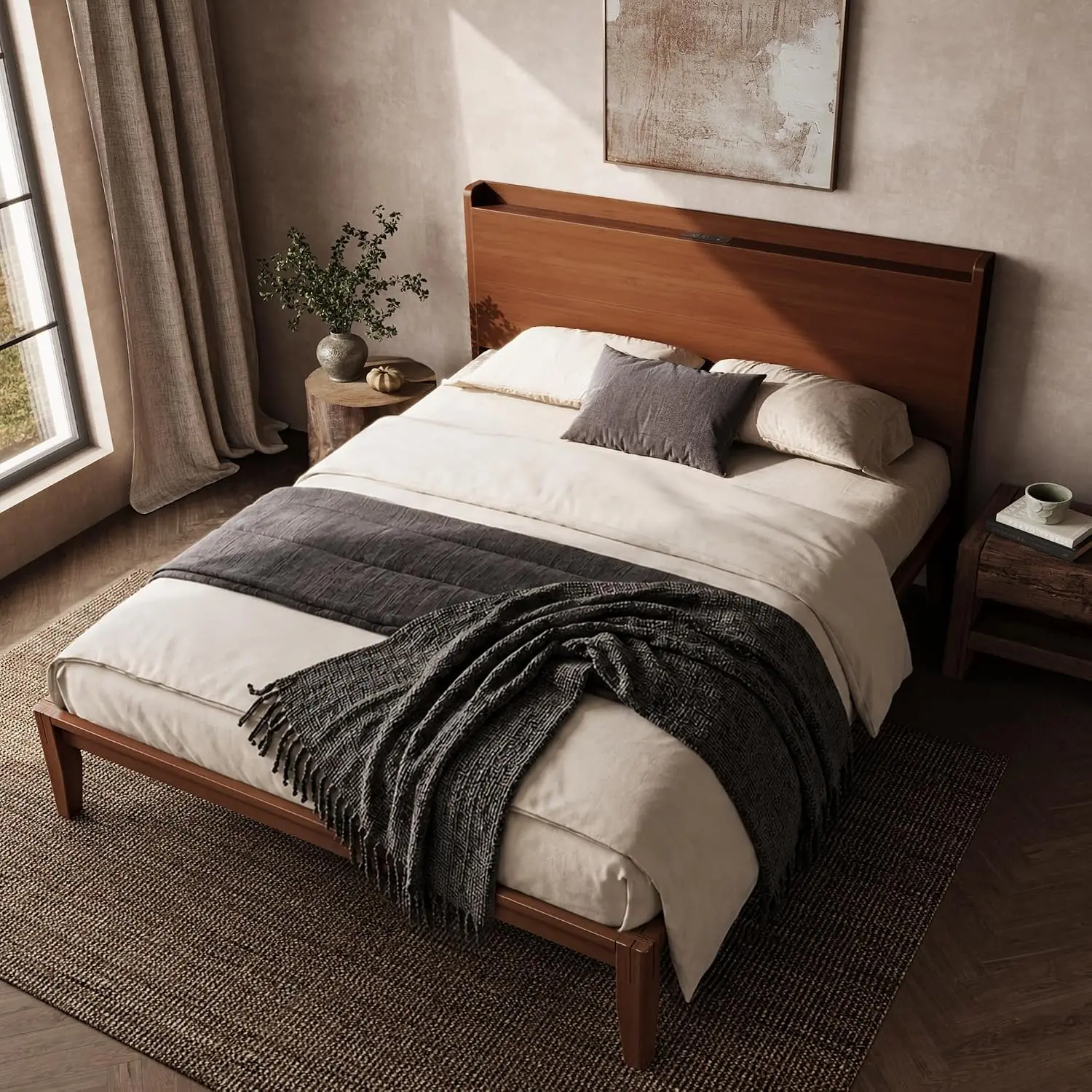 Solid Wood Queen Bed Frame with Charging Station & Headboard, Mid-Centry Modern Platform Bed Frame, Easy Assembly, USB-C Port, No Box Spring Needed, Wooden Bed Frame Queen Size, Walnut