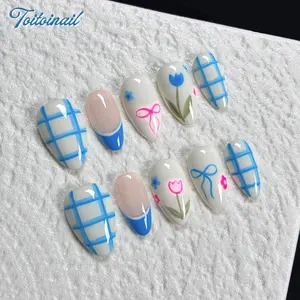 Blue Tulip Handmade Press-On Nails, Flower Nails, Short Almond Shape, 10pcs, Klein Blue French Tip with Hand-painted Tulip & Plaid Print, Fresh Coquette Aesthetic, For Daily, School, Date, Party, High Gloss, Reusable Handmade DIY Nail Art
