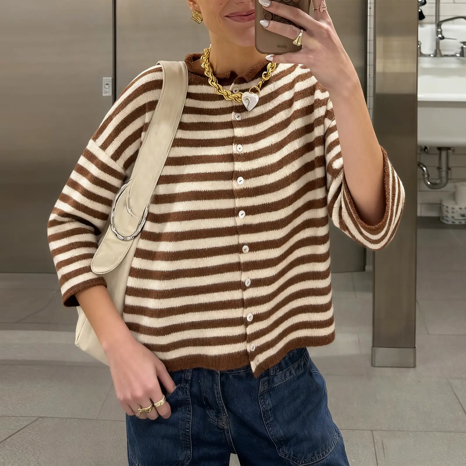 Women's Button Down Cardigan Sweater Red and White Striped Knit Mid Length Three Quarter Sleeve Loose Fit Lightweight Sweater Jacket for Spring and Fall Casual Wear