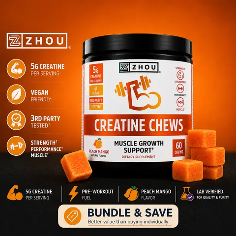 Zhou Creatine Chews — NEW JAR PACKAGING — 5g Creatine Monohydrate Chewable — Match-Day Fuel