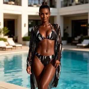 3-Piece Black & White Tie-Dye Bikini Set with Mesh Kimono Cover-Up - Triangle Top Two-Piece Swimsuit for Poolside & Resort Days