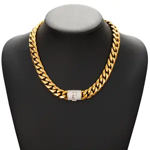 Unisex Cuban Style Chain Necklace - Gold with Silver Flip Top Clasp, 26 Alphabet Initial Personalized Encrypted, Casual Daily Hip Hop Fashion Accessory