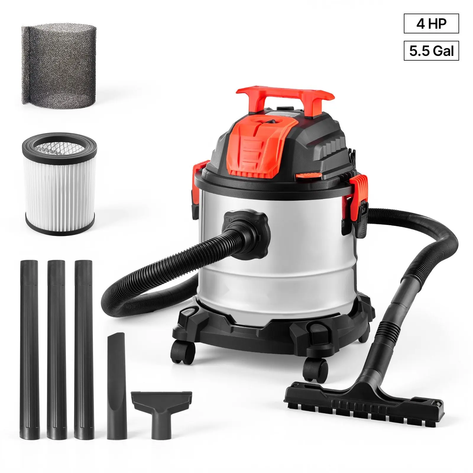 5.8 Gallon Wet Dry Shop Vacuum With 4 Peak HP, One-Button Self-Cleaning, Dual-Filter System, 900W Input Power, 1.25-Inch By 7-Foot Hose, 9.8-Foot Cord, Metal Tank, Suitable For Jobsite, Workshop, Garage And Home Use
