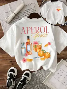 Women's Aperol Spritz Cocktail Print T-Shirt | Summer Orange Wine Party Front & Back Graphic Oversized Short Sleeve Tee