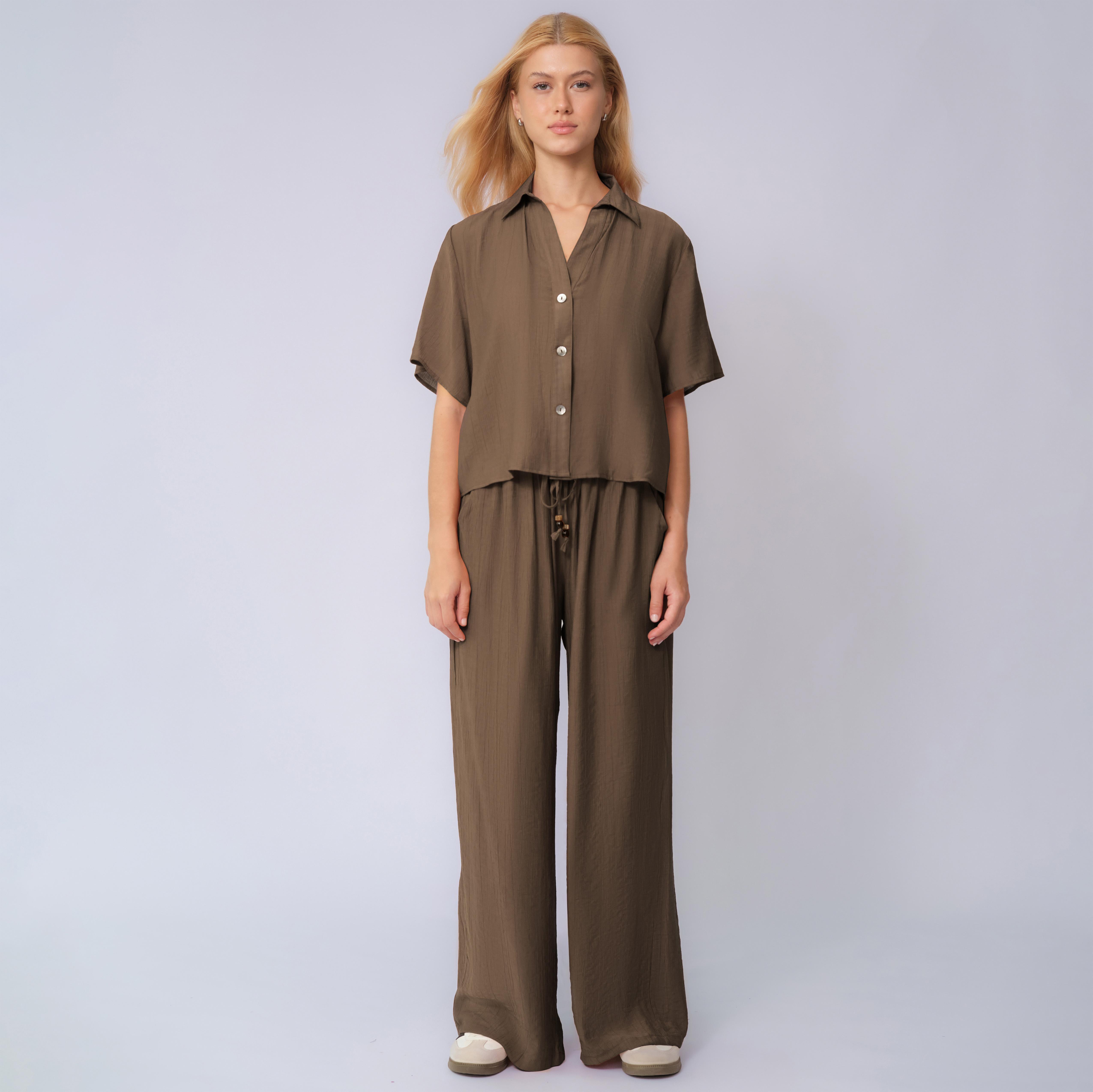 KatchMe Women's Classy Solid Color Collared Shell Button Loose Top & Drawstring Wide Leg Trousers Co-ord, Comfort Set for Lady, Basic Two Piece Outfits