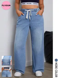 Flvsun-Women's Plus Size Wide Leg Jeans High Waisted Stretchy Straight Leg Baggy Drawstring Zimbaplatinum Denim Pants Soft Comfortable Fit Denim