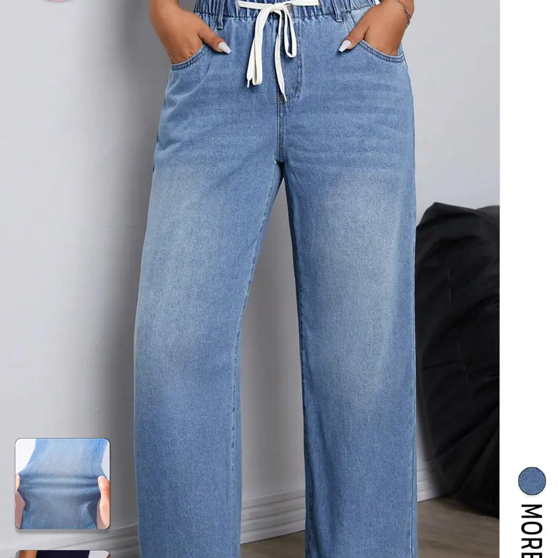 Flvsun Women's Plus Size High-Waisted Jeans - Soft, Stretchy Cotton Blend Loose Wide-Leg Baggy Casual Basic Streetwear Bottoms with Drawstring, Minimalist Trousers for Curvy Women