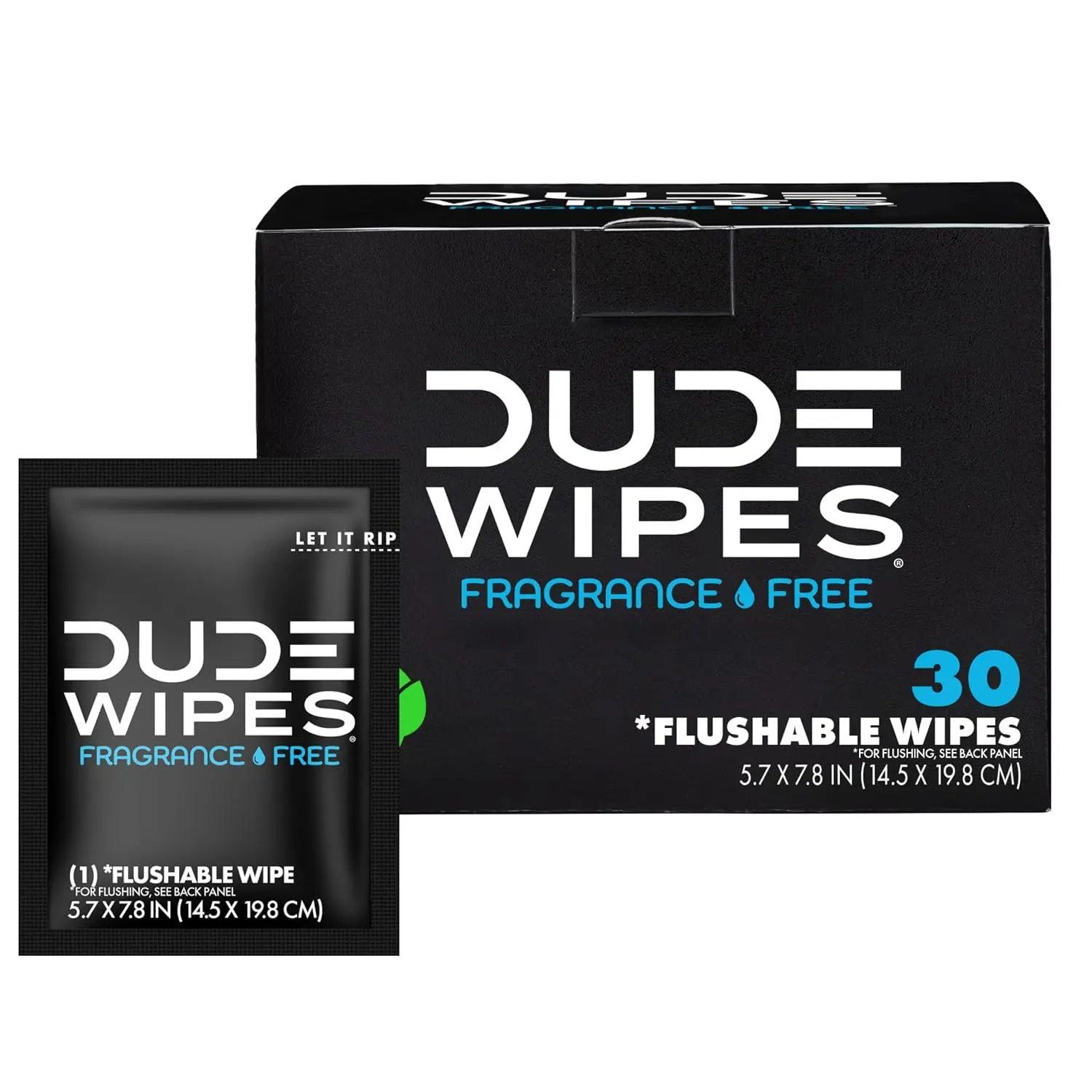 DUDE Wipes Flushable Wipes for Adults, 30 Individually Wrapped Extra-Large Unscented Wet Wipes for Travel, 99% Water with Vitamin E & Aloe, Septic and Sewer Safe