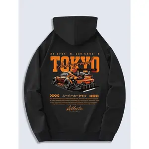 Men's Tokyo Underground Graphic Hoodie - Cozy Long Sleeve Pullover with Kangaroo Pocket, Black and Orange Racing Car Design, Casual Streetwear for Fall/Winter