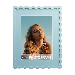 11x14 Picture Frame with Mat, Wavy Edge Wooden Photo Frame for Tabletop & Wall Hang, Clear Plexiglass Cover, Colorful Options Available