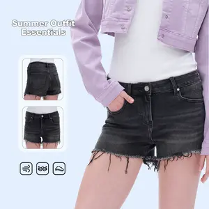 HIGH RISE BAND LESS DENIM SHORTS BLACK Comfort Crop Fabric Fit Womenswear Stretch